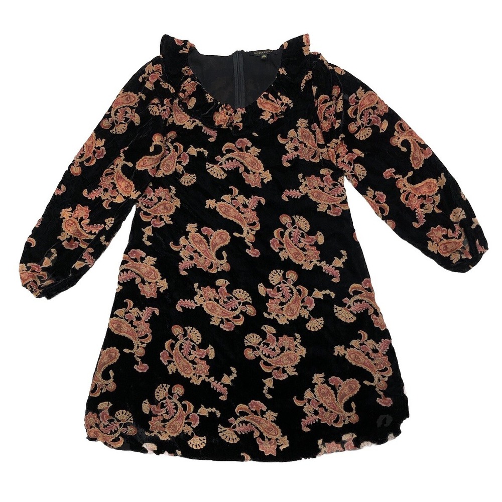 Downeast ‎ Dress M Black Paisley Floral Holly Velvet Burnout Ruffle Neckline